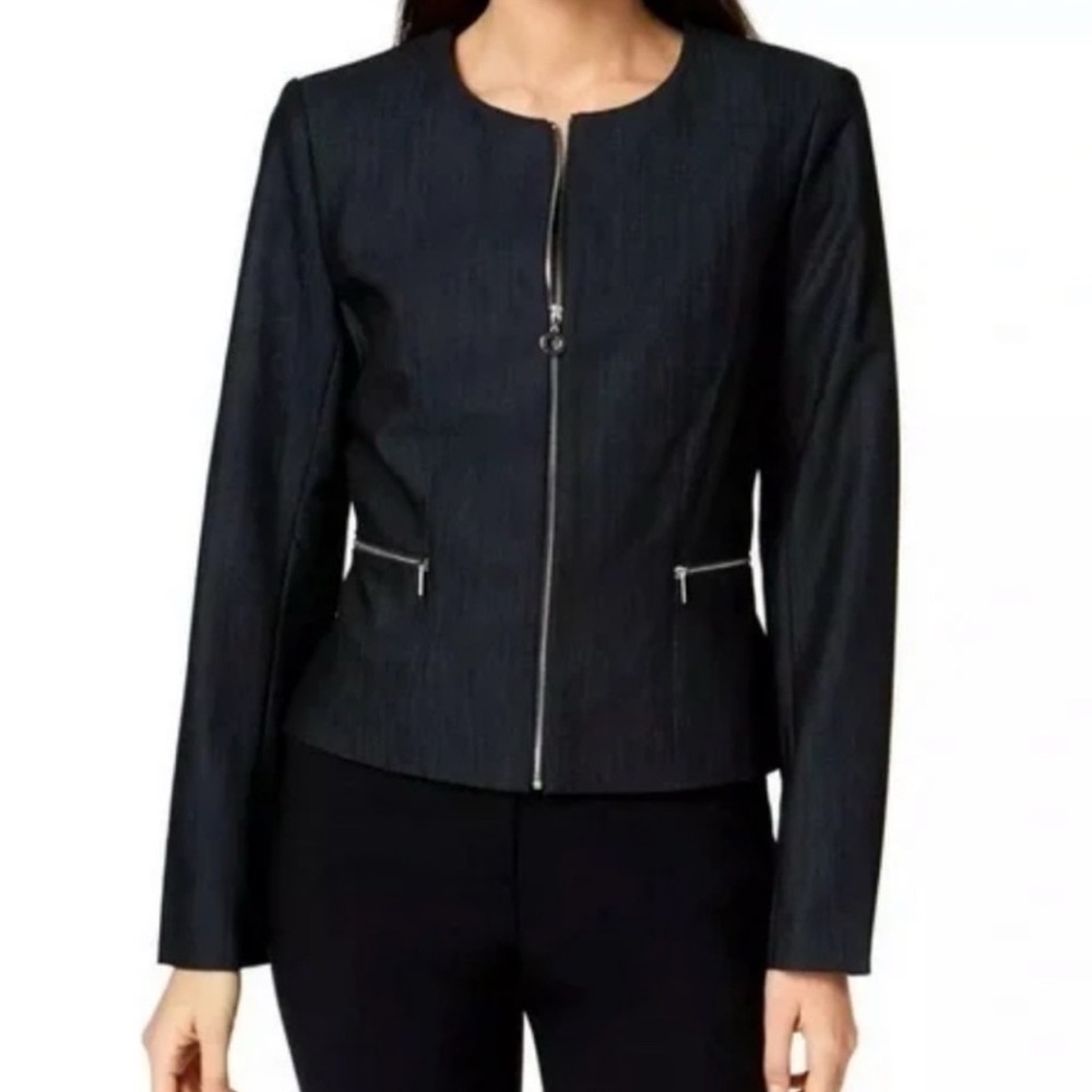 CALVIN KLEIN Blazer Women Sz  12 Charcoal Full Zip Collarless Zip Pockets Career